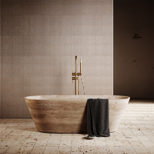 Baignoire autoportante haut de gamme moderne en travertin beige sculpté à la main, écologique, <span class=keywords><strong>avec</strong></span> drain, pour salle de bain intérieure - Product Image 3