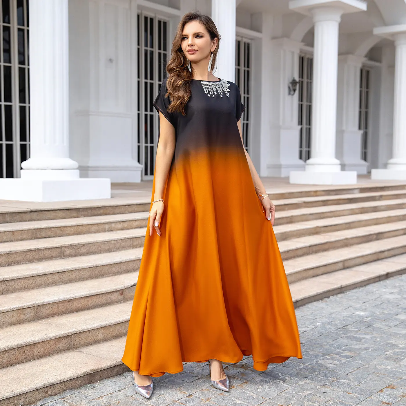 Robe Eid 2024 Nouveau design dégradé orange senior sens musulman moyen-orient robe de soirée mode lumière luxe imprimé ouvert abaya