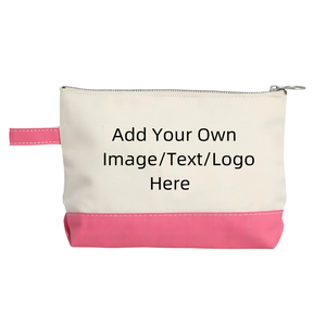 Pochette de voyage personnalisable en toile de coton écologique noire et blanche avec fermeture éclair pour soins de la peau, articles dentaires, maquillage et accessoires - Product Image 1