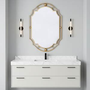 Miroir de salle de bain <span class=keywords><strong>d</strong></span>écoratif de luxe avec cadre en métal doré et logo personnalisé, à fixer au mur, vente en gros pour projets hôteliers et villas - Product Image 1