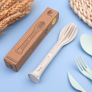 Ensemble de couverts multifonctionnels portables pour enfants, en paille de blé, style nordique, fourchette, cuillère, couteau, vaisselle de voyage pliable - Product Image 4