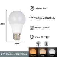 LED haute luminosité A60 économie d'énergie E27/B22 8W 220V ampoule blanc chaud pour la maison salon