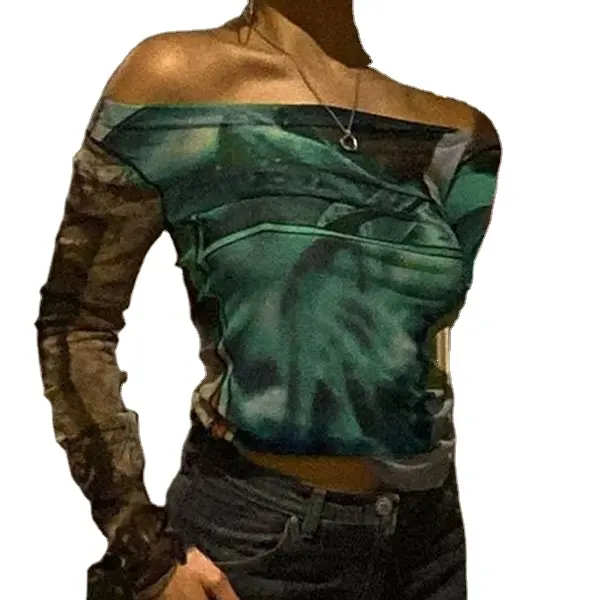 Tiktok fashion graphic shirts women mesh tshirt long sleeve off shoulder full print custom logo hot sexy girl bf y2k t shirts