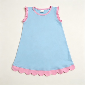 Robe d'été GSD4048 RTS pour bébé fille, bleu uni, imprimé festonné rose, sans manches, respirante, longueur genou, en tissu peigné, pour enfants (ODM) - Product Image 1