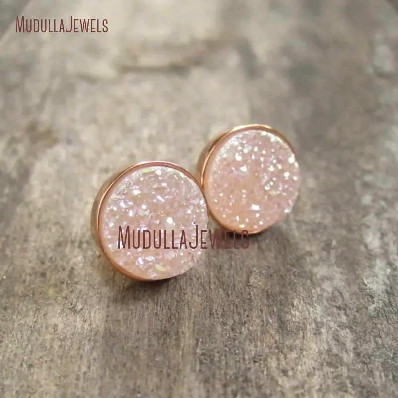 ER16545 Natural Druzy Rose Gold Druzy Studs Earrings Drusy Quartz Jewelry Stud Earrings Drusy Earrings