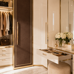 Dressing intégré moderne sur mesure avec zones de suspension, rangements à tiroirs et meuble-lavabo intégré, fabriqué sur mesure - Product Image 6