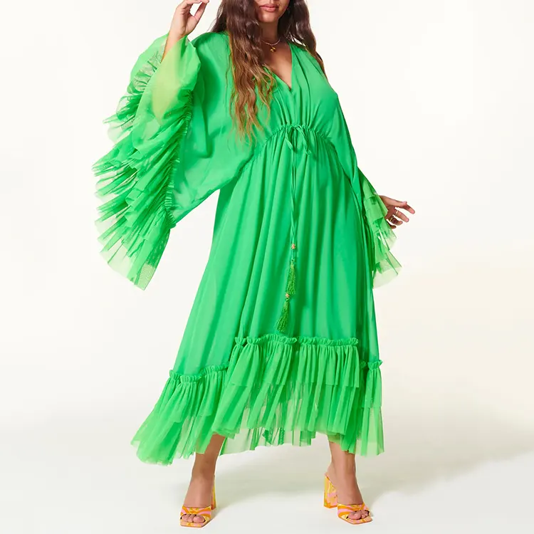 2023 Summer New Lady Luxurious Casual Plus Size Ruffled Trim Long Sleeves Maxi Flowing Beach Dress for Fat Women Natural Woven