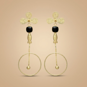 Artisan Botanical 3 Petal Flower Gemstone <b>Earrings</b> Gold Hammered Trefoil Black Onyx Fish <b>Charm</b> Circle <b>Hoop</b> Drop Wedding Ethnic - Product Image 2