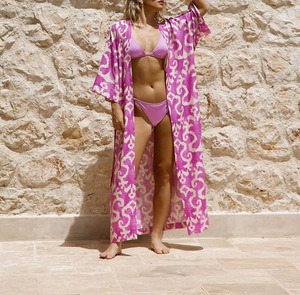 Nouveau Bikini Cover-up Traf coton doux dame Boho imprimer auto ceinturé avant <span class=keywords><strong>ouvert</strong></span> longue Kimono <span class=keywords><strong>robe</strong></span> plage tunique femmes robes portefeuille - Product Image 5