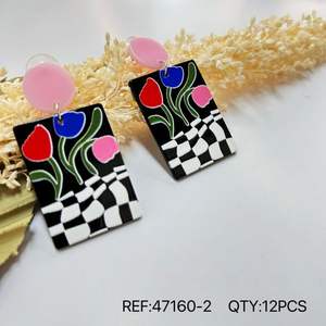Fashion Acrylic <b>Dangle</b> <b>Earrings</b> Floral <b>Black</b> White Checkered Pink Blue Red Tulips Statement Jewelry Women's Party Trendy - Product Image 1