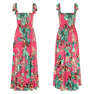 Vestido de Verano Nuevo y Popular para Mujer, Estilo Bohemio, Largo hasta el Suelo, Cuello Cuadrado, Lazo, Tejido Estampado Floral, Corte en <span class=keywords><strong>A</strong></span>, Cintura Natural, Casual, para Playa - Product Image 2