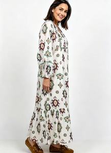 Vestido Maxi Holgado de Estilo Bohemio para Mujer, Estampado de Acuarela Verde, Cuello en V, Manga Larga, para Vacaciones de Verano - Product Image 3