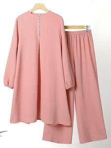 Logo personalizzato musulmano <span class=keywords><strong>donna</strong></span> autunno inverno top moda girocollo Turkish camicia a maniche lunghe <span class=keywords><strong>pantaloni</strong></span> larghi due pezzi completo - Product Image 5