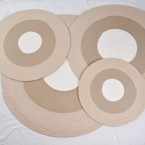 Tapis de sol rond en corde de coton tressée à la main, couleur kaki, avec blocs de couleur, pour salon et chambre, combinaison 3 couleurs, coussin de siège pour baie vitrée - Product Image 4