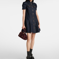 Mignonnes robes en jean à manches bouffantes Vintage Fit and Flare Mini Ladies Skirts Ruched Contrast Topstitching Women Dresses
