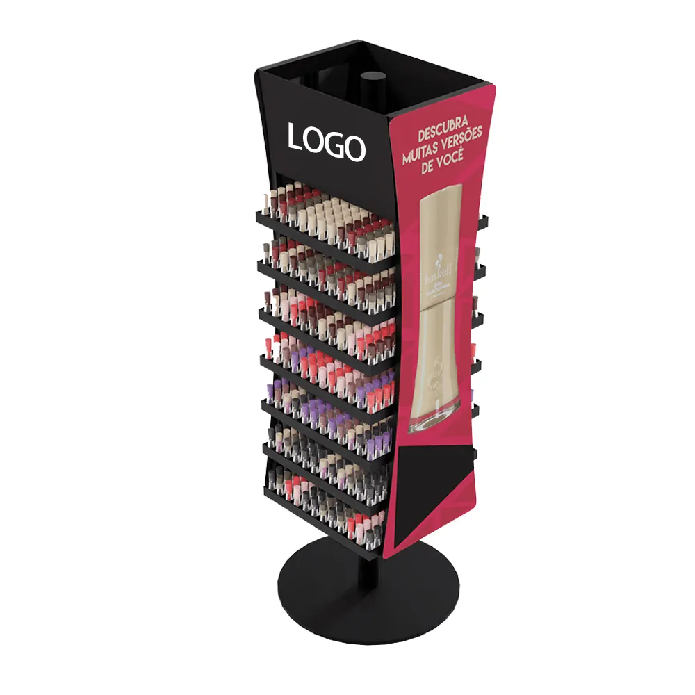 Soporte de exhibición de esmalte de uñas de alambre de metal personalizado, soporte de piso de maquillaje, soporte de exhibición de cosméticos para tienda minorista