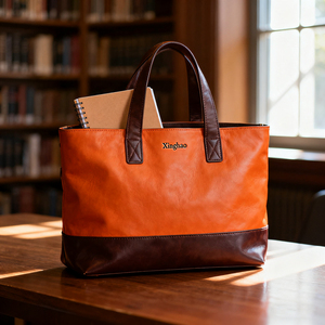 Venta al por mayor, espacioso, naranja + marrón oscuro, bolso de mano de cuero auténtico, personalizado de fábrica, de alta calidad, bolso de cuero para mujer con logotipo a la venta - Product Image 6