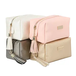 Customized flat make up Cosmetic Pu leather storage color lady's Elegant hand bag with metal zipper Wholesale