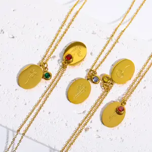 Joyera Gold Plated Tarnish Free Waterproof Oval Pendant Charms 12 Zircon Birth Month Stone Flower Necklace Stainless Steel