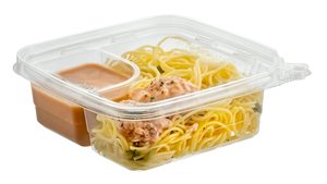 Envase tipo clamshell de PET reciclable para almuerzo y ensalada con pestaña de seguridad incorporada, 21 oz/620 cc, 60 unidades, apto para uso alimentario, incluye fideos - Product Image 1