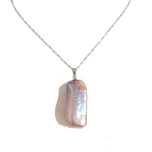 100% nature freshwater pearl pendant,25X12 MM big RECTANGLE baroque shape,925 silver chain-18 inch length
