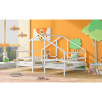 Lit pour maison d'enfants avec 2 lits jumeaux à plateforme, lits jumeaux doubles en bois avec toit triangulaire et bureau intégré
