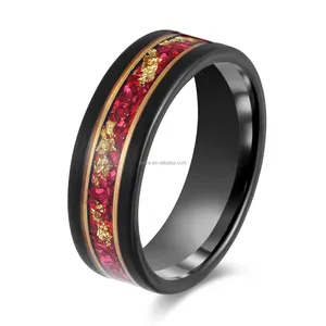 Cincin Tungsten hitam pria, bertatah daun emas batu permata merah, datar disikat,