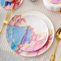 Assiettes de présentation de luxe imprimées or en porcelaine fine, vaisselle en céramique rose doré pour mariage