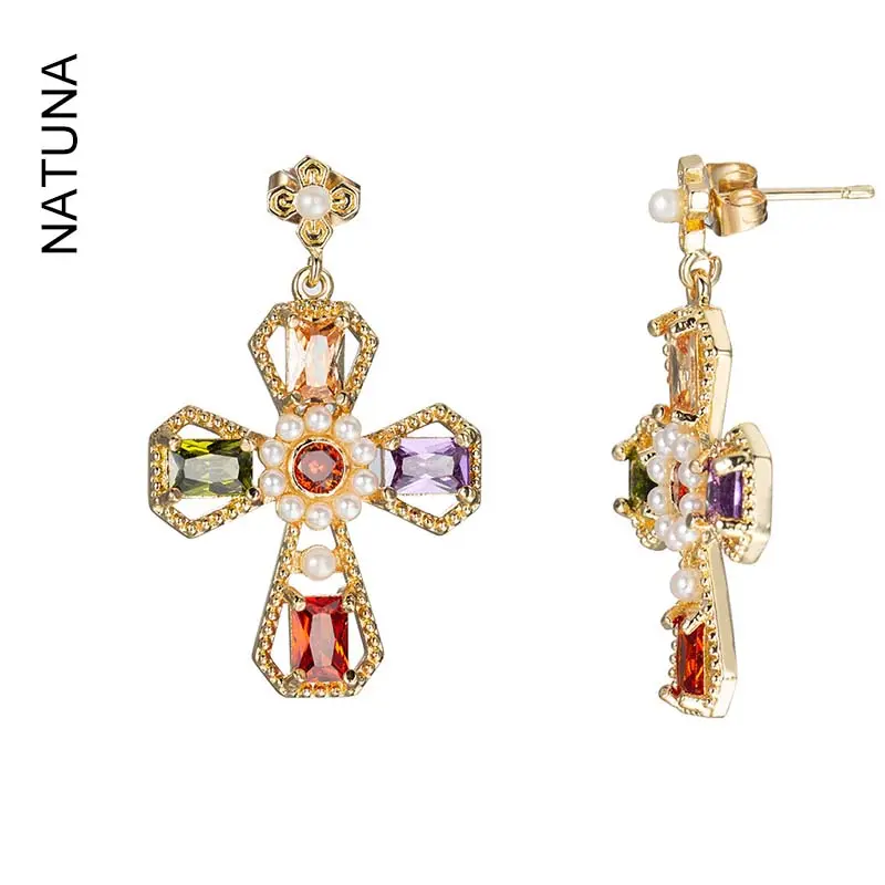 Natuna Vintage Luxus-Schmuck Messing-Ohrring Perle Messing Luxus Cz-Ohrringe Kreuz Messing-Ohrringe für Damen