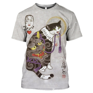 Camiseta de Alta Calidad con Estampado de Cultura Japonesa, Diseño Vintage de Gato, Camiseta Básica de Moda con Cuello Redondo de Poliéster, Venta al Por Mayor - Product Image 1
