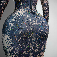 Robe de Soirée Sirène Longue de Qualité Supérieure pour Drag Queen, Sexy, Noire, Transparente, en Maille, avec Strass AB et Plumes, Manches Longues, Dos Nu, Longueur Ras du Sol