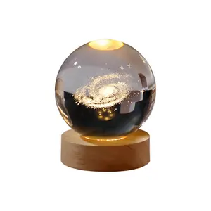 3D Laser Inner Carving Luminous Crystal Ball Glass Furnishing Article Solar System Moon Luminous Wooden Base Night Light