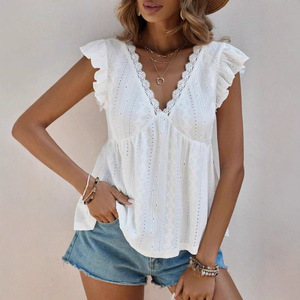 Women's Slimming Solid Color Breathable V-Neck Petal Sleeve Lace Polyester <b>T</b>-<b>Shirt</b> Top European-American Style for Summer - Product Image 6