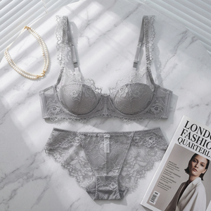 Conjunto de lencería de encaje gris para mujer al por mayor, sexy conjunto de sujetador push-up con aros y bragas, lencería íntima cómoda para mujer - Product Image 2