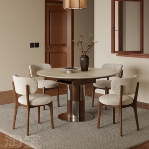Mountain Moon Dining <b>Table</b> Round Extendable Solid Wood Telescopic Slab Modern Light Luxury High End <b>Folding</b> Dining Set - Product Image 1