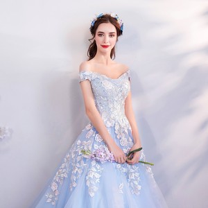 Off The Shoulder Light Blue Floral Embroidered Organza Ball Gown Wedding Dress Empire Waistline For Women - Product Image 3