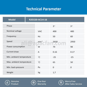 Ventilateur centrifuge de refroidissement pour onduleur Siemens, 220 mm, 400 V CA, 74 W, 0,16 A, 2650 tr/min, roulement à billes, autoportant, OEM, pour R2D220-AC14-16 - Product Image 3