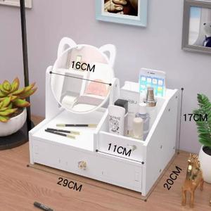 Multifunctional Wood Luxury White Round <b>Mirror</b> Nordic Cosmetic Storage Box Makeup Organizer with Cat Ears with <b>Mirror</b> - Product Image 1