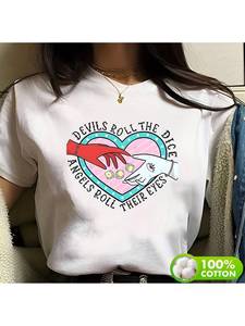 T-shirt da donna in puro cotone a maniche corte, girocollo, casual, con stampa di lettere e cuori, vestibilità comoda, per primavera ed estate - Product Image 3