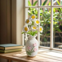 Produit fini fait main au crochet, bouquet de fleurs artificielles en pot de 5 roses Sheffield et lys, décoration de bureau, cadeau