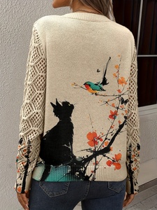Suéter Casual de Mujer con Estampado de Gatos, Flores y Pájaros al Estilo Chino, Cuello en V, Manga Larga, Estilo Bohemio, Tejido - Product Image 5