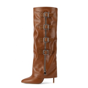 Metal Buckles <b>High</b> Slim Heels Women <b>Knee</b> <b>High</b> Overlay Boots Western Styles Pointed Toe Pants Long Booties Side Zipper Shoes - Product Image 3