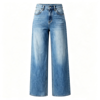 Jean taille haute ample à jambe large pour femme, pantalon en denim extensible coupe baggy, devant plat, vente en gros usine