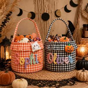 Panier de luxe personnalisé brodé avec nom, en tissu gingham à volants, pour bonbons ou jouets, sac de rangement, Chine, Halloween - Product Image 1