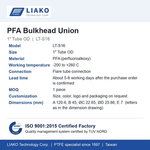 ข้อต่อ PFA แบบ Bulkhead สำหรับท่อขนาด 1 นิ้ว OD แบบ Flare Tube Fitting รุ่น LT-S16 ทนทานต่อสารเคมีบริสุทธิ์สูง สำหรับกระบวนการเปียกในวงจรเซมิคอนดักเตอร์ - Product Image 6