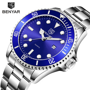 Benyar Men's Quartz Watch Blue Dial Stainless Steel Band Date Display Waterproof Luminous Analog BY-5223M - Product Image 1