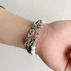 2Pcs a Set Gemstone Bead Stretch Bracelet <strong>Silver</strong> Dragon Head <strong>Bangle</strong> for <strong>Men</strong> Leather Bracelet for Couple Black Lava Stone Jewelry - Product Image 6