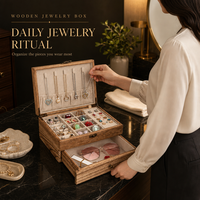 Boîte à bijoux en bois avec crochets pour colliers, compartiments divisés et tiroir coulissant, organiseur de bijoux doublé de tissu