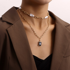 European and American <b>Cross</b>-Border Jewelry Fashion Double-Layer Irregular Pearl Bamboo Chain <b>Black</b> Zircon Pendant Necklace for - Product Image 3