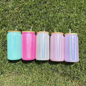 Vaso de Vidrio Sublimable de 16oz con Brillo Holográfico Blanco Arcoíris, con Tapas y Pajitas para Sublimación por Transferencia Térmica - Product Image 1